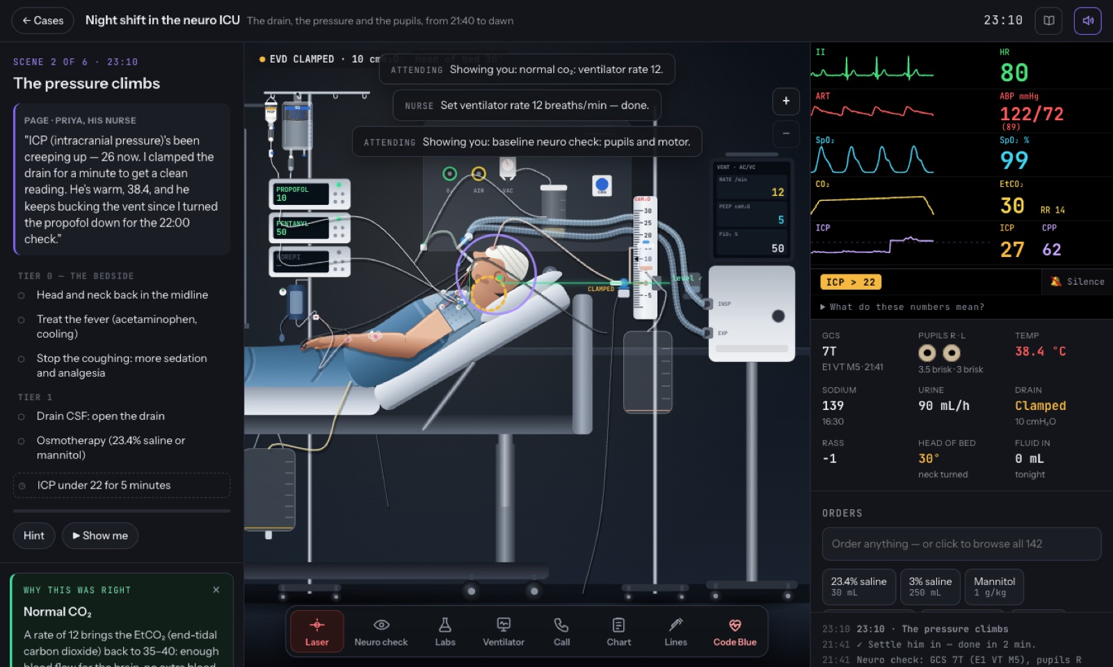 The neuro ICU bedside with the monitor, drain and orders